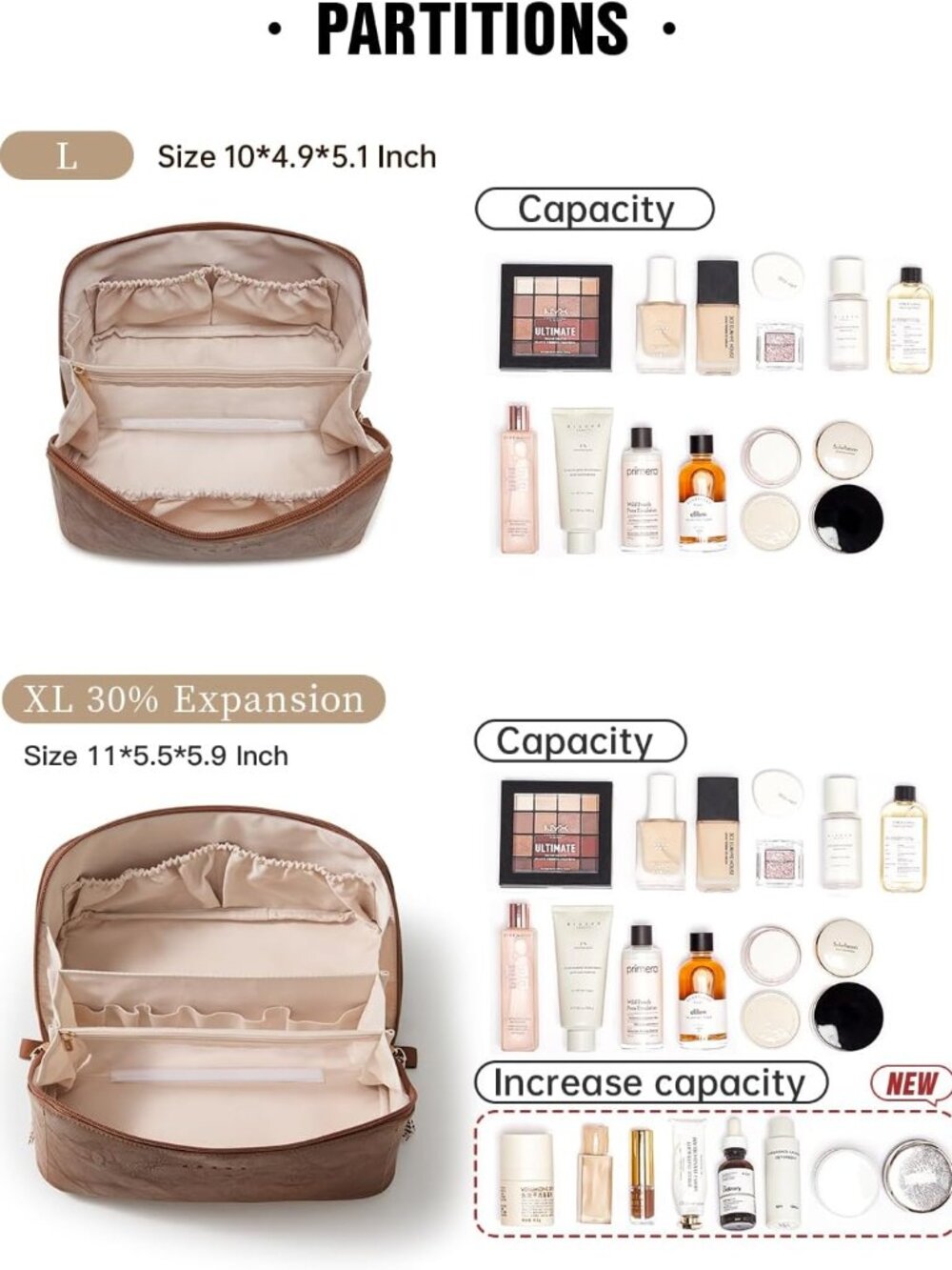 Travel Makeup Bag for Women, PU Leather Cosmetic Bag, Brown, Large - Picture 4 of 7